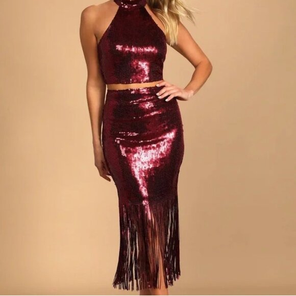 NWT Lulu's Burgundy Sequin High Neck Fringe Body Con Two Piece Set - Picture 1 of 7